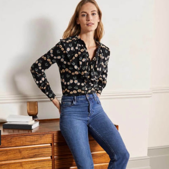 BODEN, Ruffle Front Jersey Shirt Black, US 10 R UK 14 floral new with tags - Picture 3 of 14